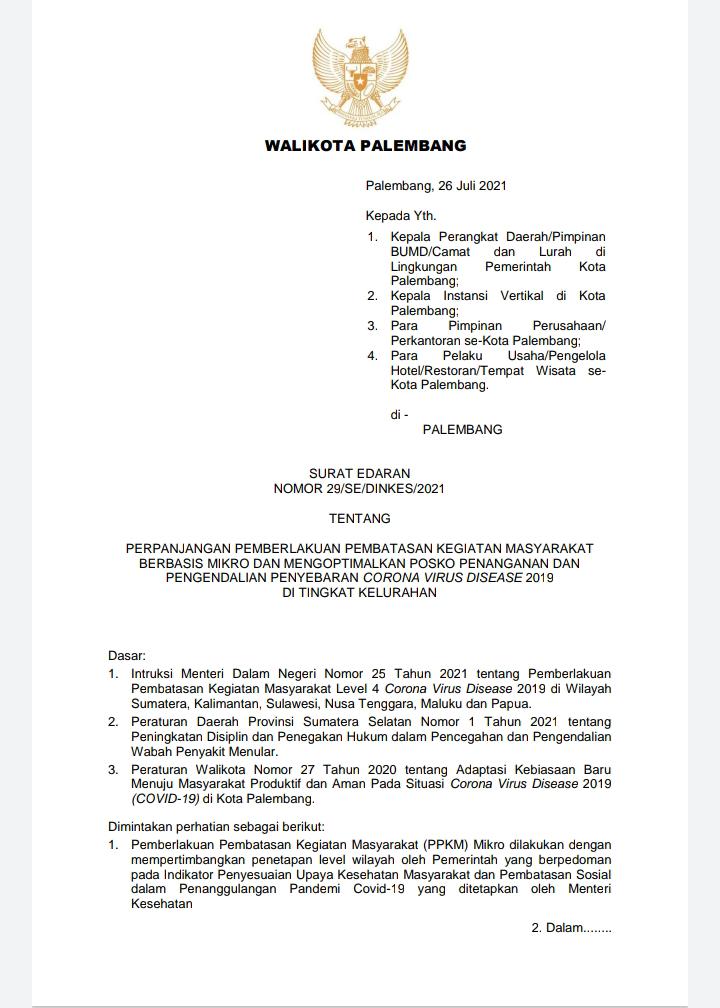 Surat Edaran Walikota Palembang Nomor 29/SE/DINKES/2021 tentang Perpanjangan PPKM Berbasis Mikro